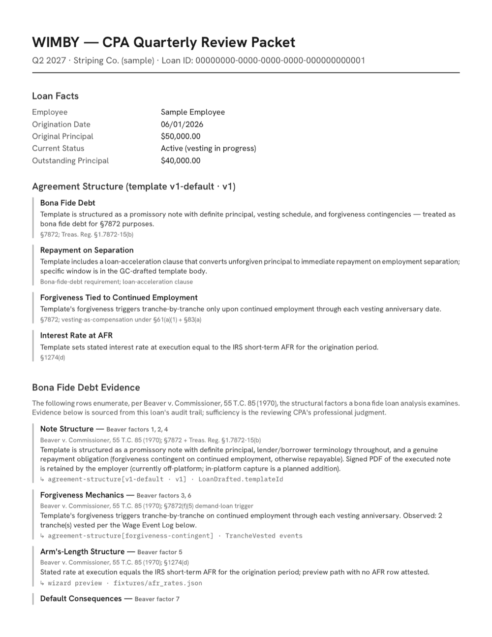 First page of a WIMBY CPA quarterly review packet — loan facts, agreement structure with §7872 citations, and bona fide debt evidence.
